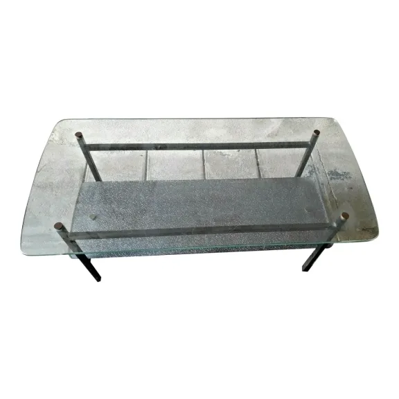 table basse par Jacques Hitier en en verre et  métal  noir année 60