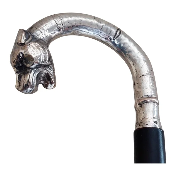 Canne de marche pommeau en argent forme tête panthère début xxème long 90 cm