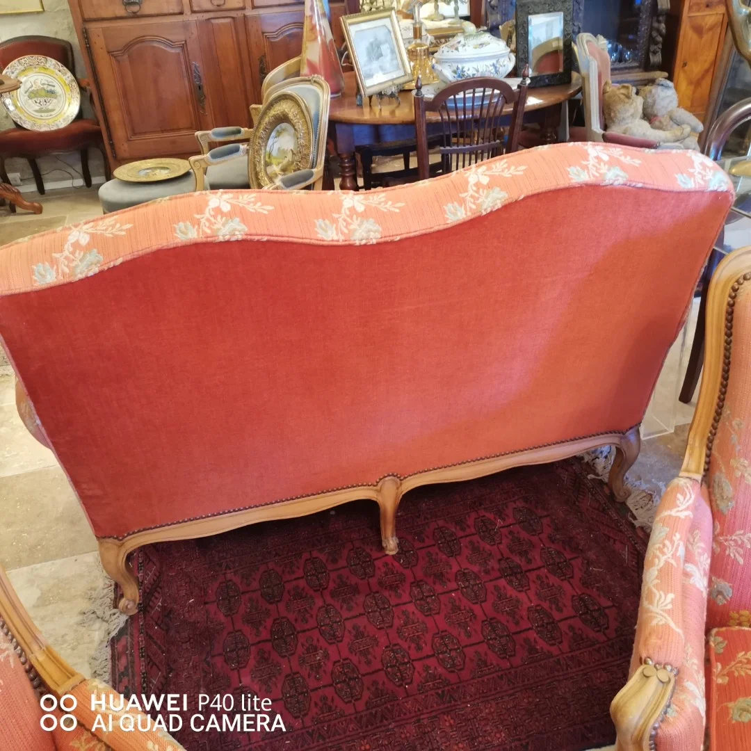Banquette fauteuils bergère Louis XV en merisier blond début 20ème