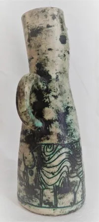 Pichet  vase vintage en céramique française par Jacques Blin (circa 1950s)vase vert décor oiseau Shadock