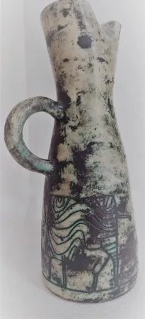 Pichet  vase vintage en céramique française par Jacques Blin (circa 1950s)vase vert décor oiseau Shadock