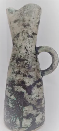 Pichet  vase vintage en céramique française par Jacques Blin (circa 1950s)vase vert décor oiseau Shadock