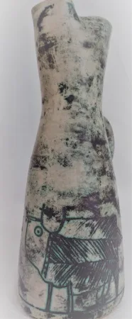 Pichet  vase vintage en céramique française par Jacques Blin (circa 1950s)vase vert décor oiseau Shadock