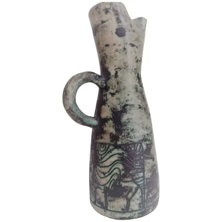 Pichet  vase vintage en céramique française par Jacques Blin (circa 1950s)vase vert décor oiseau Shadock