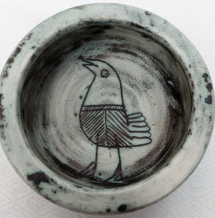 Vide poche ou coupe vintage en céramique Jacques Blin (circa 1950s) vert décor oiseau Shadock