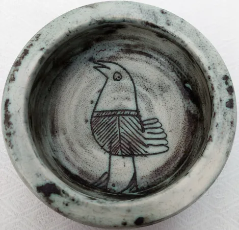 Vide poche ou coupe vintage en céramique Jacques Blin (circa 1950s) vert décor oiseau Shadock