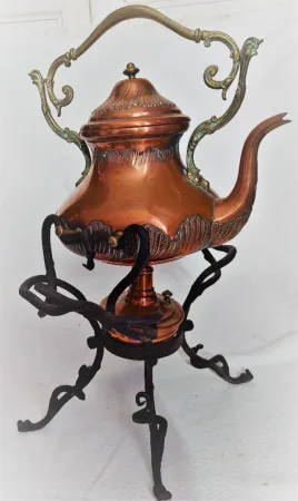 Bouilloire théière en cuivre avec support réchaud Jugendstil antique haut43 cm