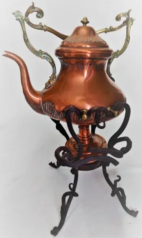 Bouilloire théière en cuivre avec support réchaud Jugendstil antique haut43 cm