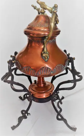 Bouilloire théière en cuivre avec support réchaud Jugendstil antique haut43 cm