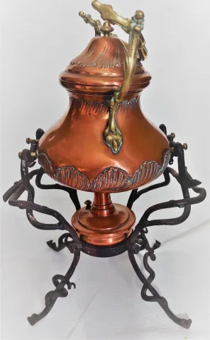 Bouilloire théière en cuivre avec support réchaud Jugendstil antique haut43 cm