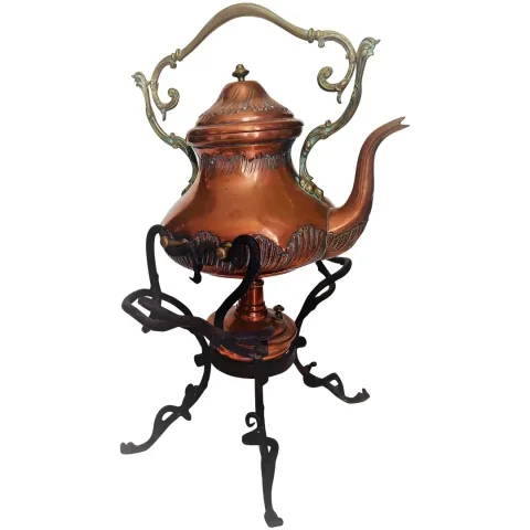 Bouilloire théière en cuivre avec support réchaud Jugendstil antique haut43 cm