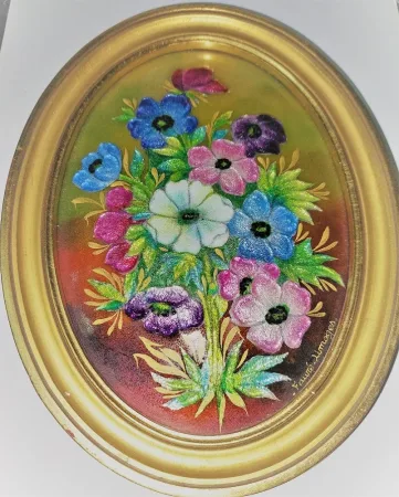 Cadre de Fleurs anémones Email Par Camille Fauré à Limoges 1950