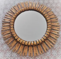 Ancien miroir soleil début XXème diamètre 63.4 cm contour matiere bois