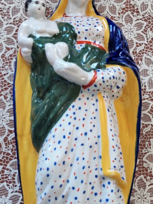 FAIENCE STATUETTE OF THE VIRGIN MARY AND INFANT JESUS