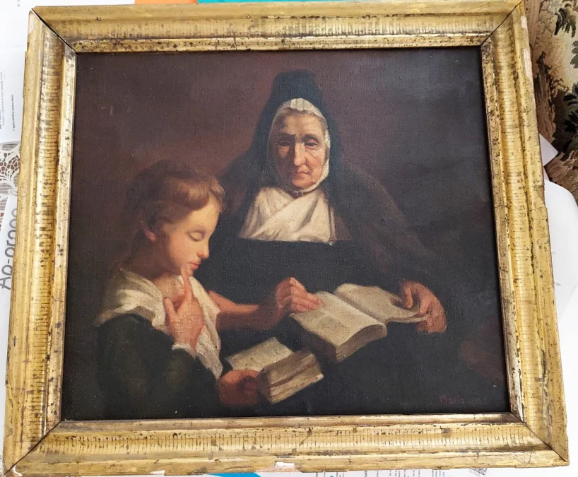 Tableau huile sur toile scène d'une religieuse donnant une leçon de catéchisme à un enfant  signé MARIE 1882