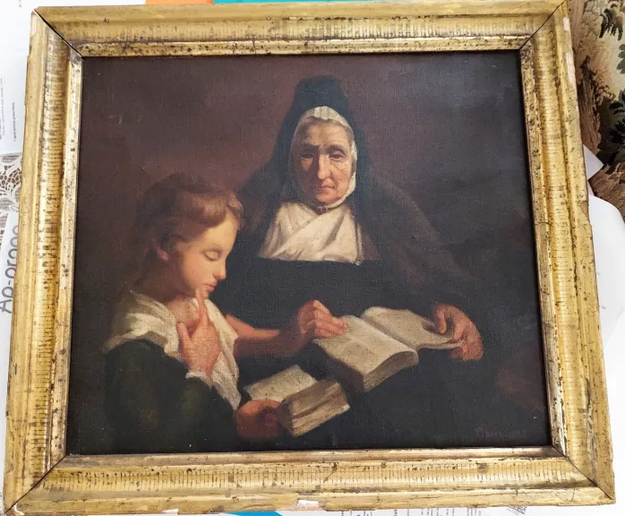 Tableau huile sur toile scène d'une religieuse donnant une leçon de catéchisme à un enfant  signé MARIE 1882