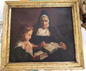 Tableau huile sur toile scène d'une religieuse donnant une leçon de catéchisme à un enfant  signé MARIE 1882