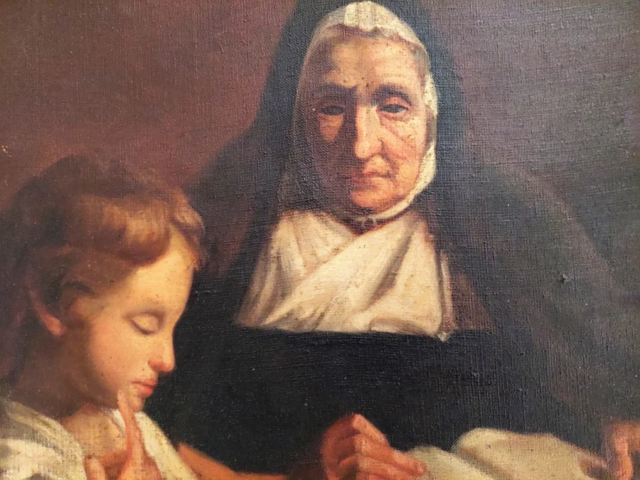 Tableau huile sur toile scène d'une religieuse donnant une leçon de catéchisme à un enfant  signé MARIE 1882