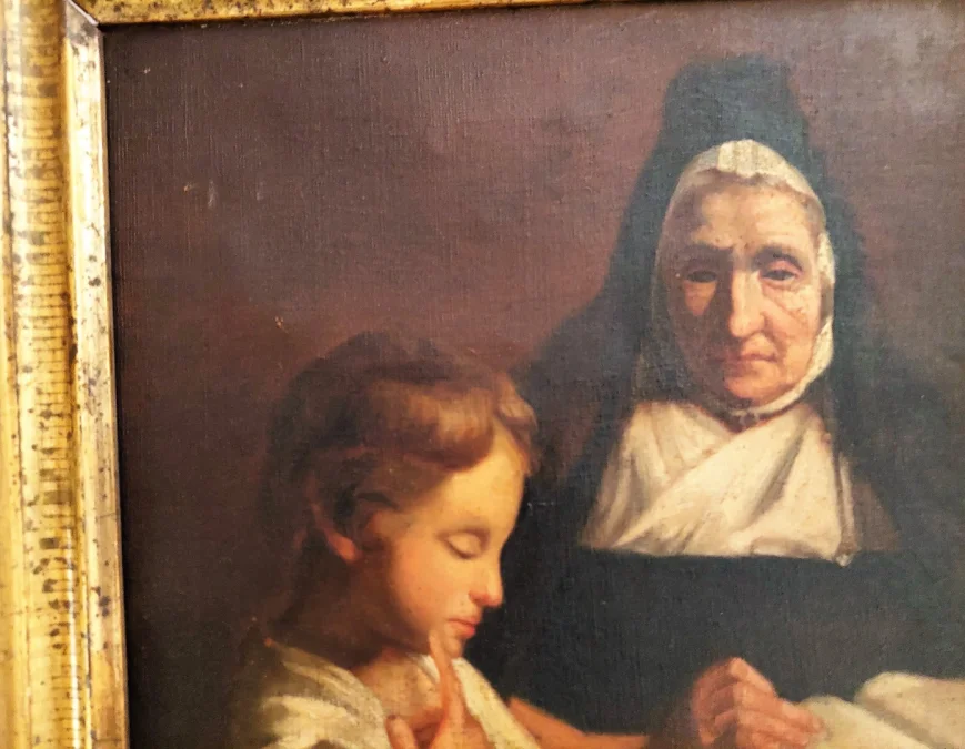 Tableau huile sur toile scène d'une religieuse donnant une leçon de catéchisme à un enfant  signé MARIE 1882