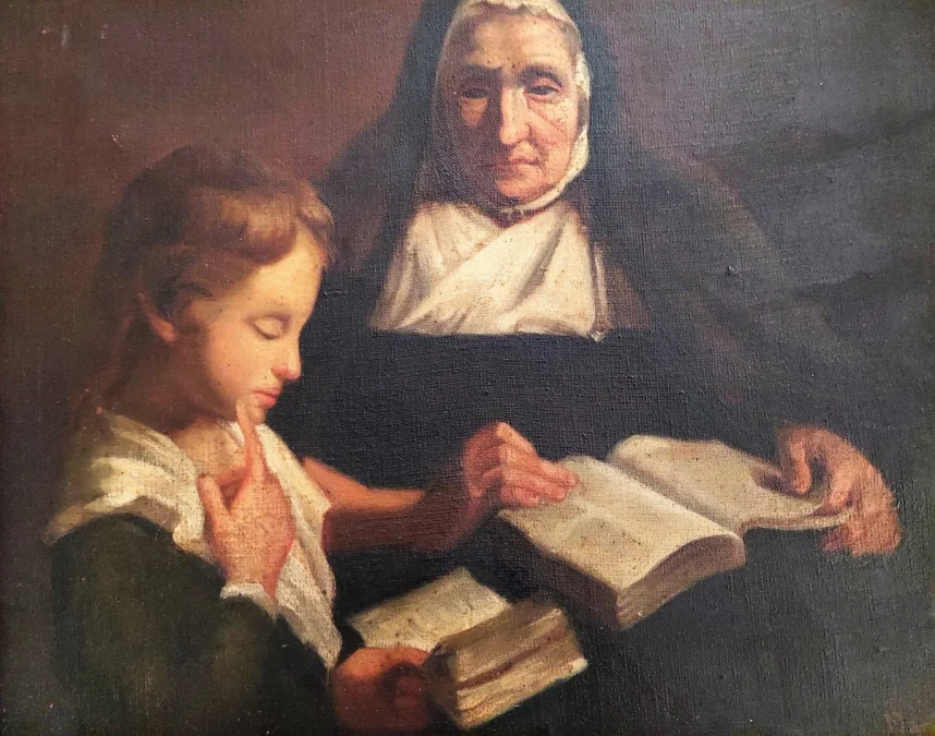 Tableau huile sur toile scène d'une religieuse donnant une leçon de catéchisme à un enfant  signé MARIE 1882