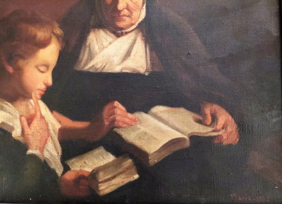 Tableau huile sur toile scène d'une religieuse donnant une leçon de catéchisme à un enfant  signé MARIE 1882