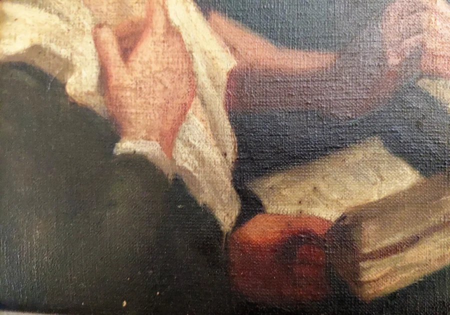 Tableau huile sur toile scène d'une religieuse donnant une leçon de catéchisme à un enfant  signé MARIE 1882