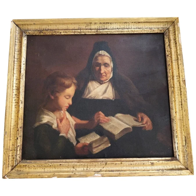 Tableau huile sur toile scène d'une religieuse donnant une leçon de catéchisme à un enfant  signé MARIE 1882