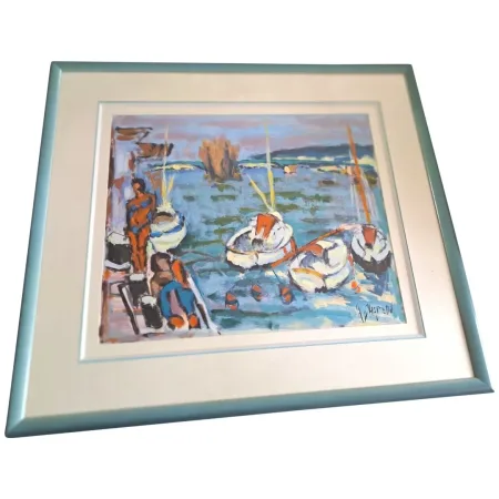 Tableau gouache sur papier scène de plage signé Henri Chapeau milieu XXème