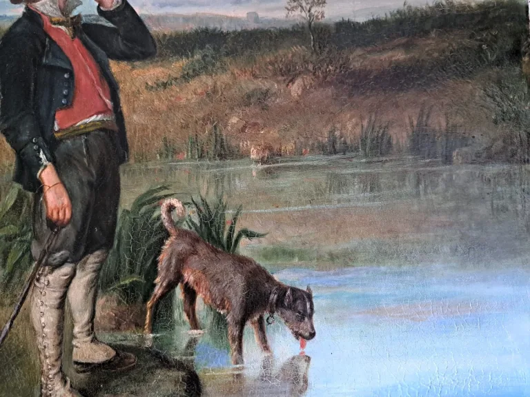 Tableau chasseur et son chien à la rivière   signé Eugènie Vassa... fin 19ème