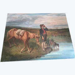Tableau chasseur et son chien à la rivière   signé Eugènie Vassa... fin 19ème