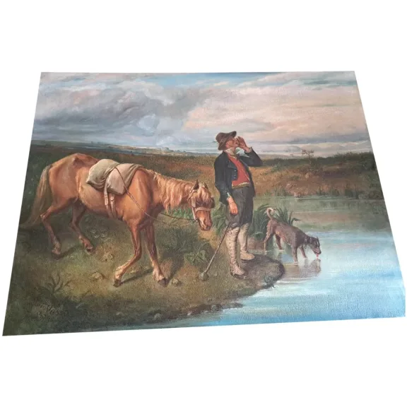 Tableau chasseur et son chien à la rivière   signé Eugènie Vassa... fin 19ème