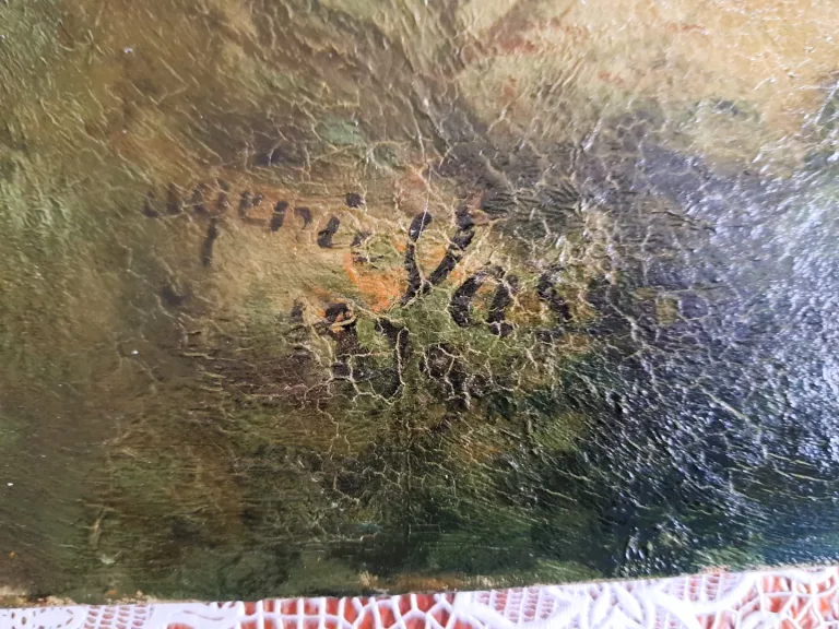 Tableau chasseur et son chien à la rivière   signé Eugènie Vassa... fin 19ème