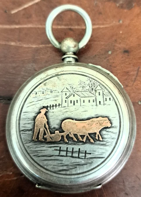 Montre à gousset avec sa châtelaine en argent à clapet