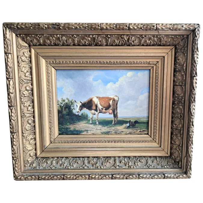 Tableau huile sur paneau de bois repésente vache et poules dans le près