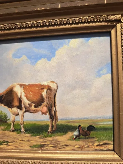 Tableau huile sur paneau de bois repésente vache et poules dans le près