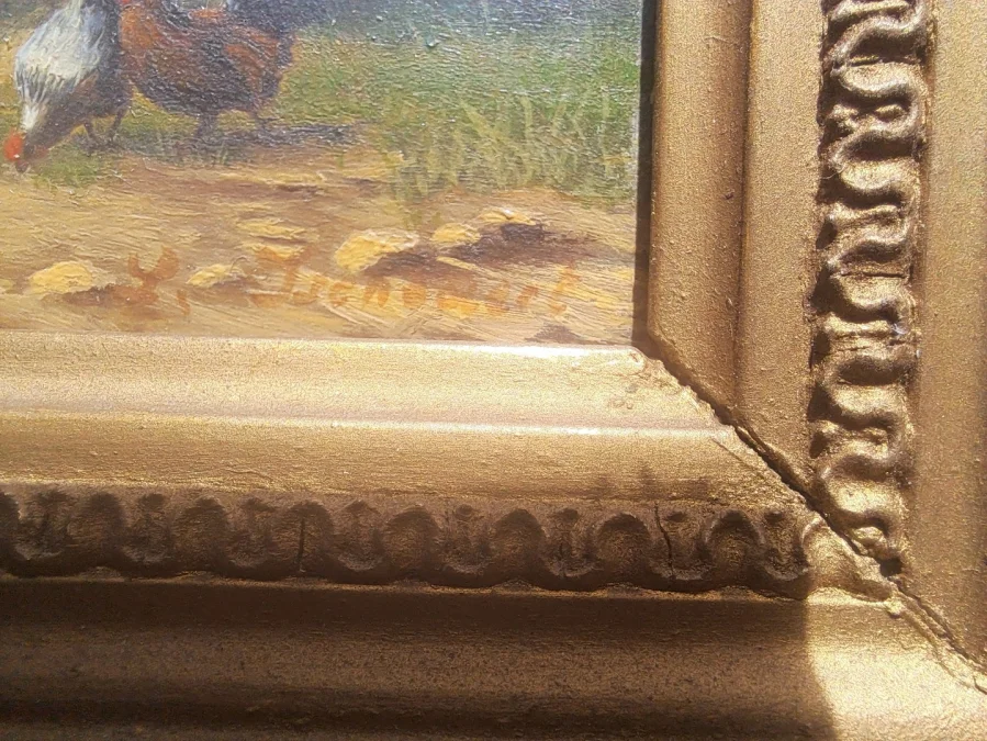 Tableau huile sur paneau de bois repésente vache et poules dans le près