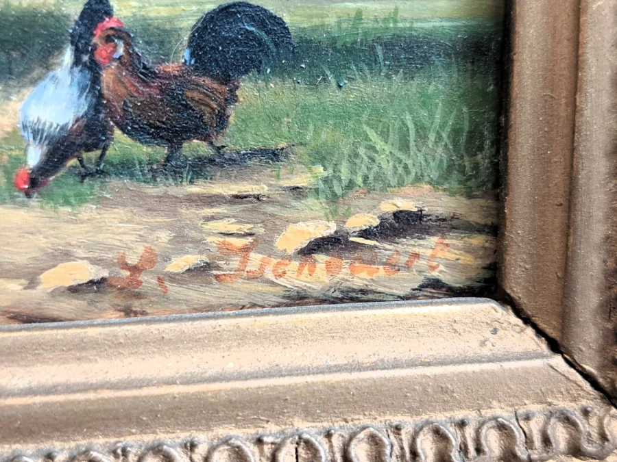 Tableau huile sur paneau de bois repésente vache et poules dans le près