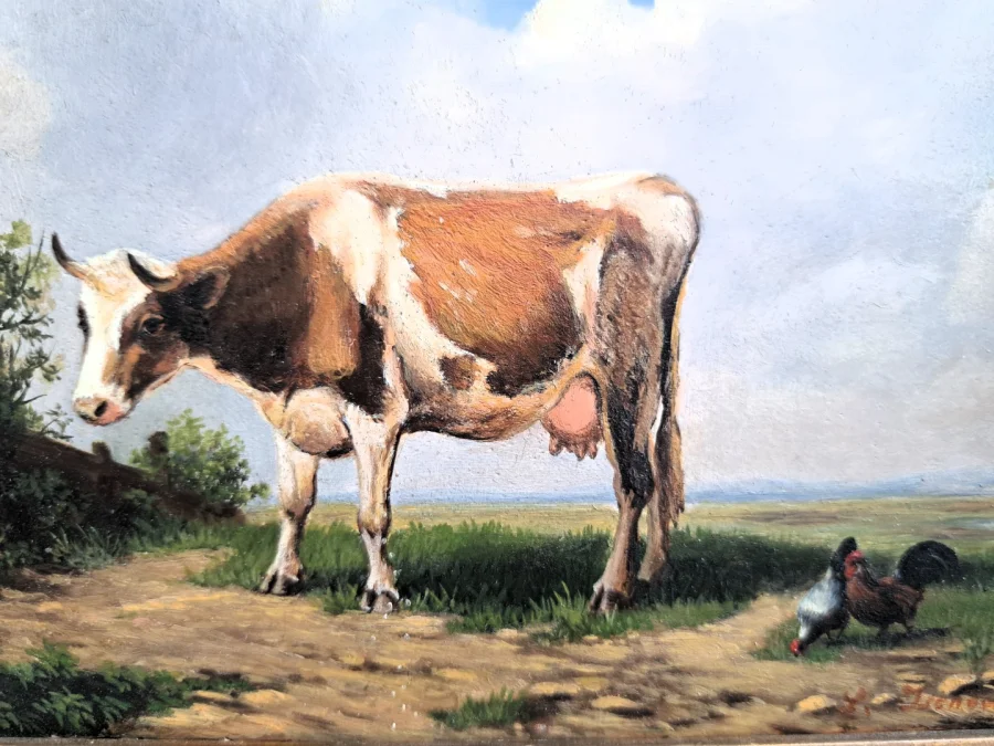 Tableau huile sur paneau de bois repésente vache et poules dans le près