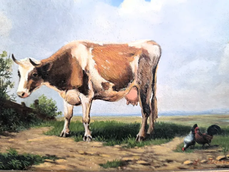 Tableau huile sur paneau de bois repésente vache et poules dans le près