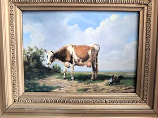 Tableau huile sur paneau de bois repésente vache et poules dans le près
