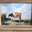 Tableau huile sur paneau de bois repésente vache et poules dans le près
