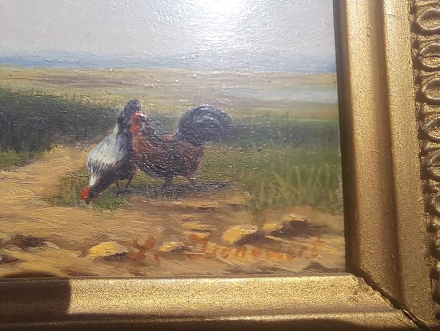 Tableau huile sur paneau de bois repésente vache et poules dans le près