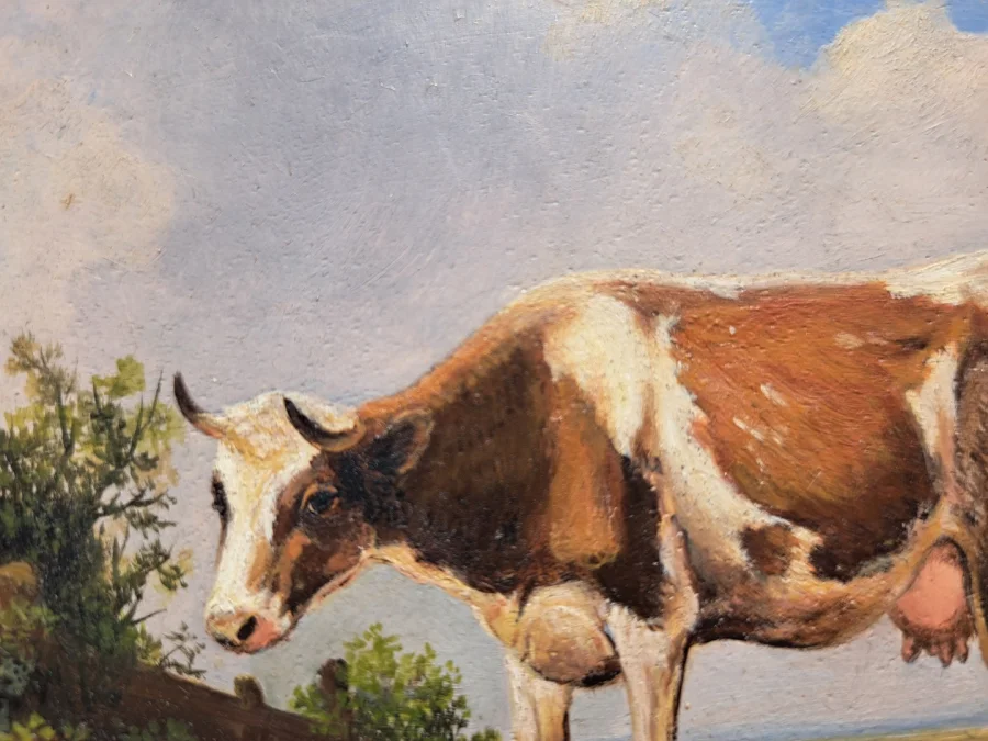 Tableau huile sur paneau de bois repésente vache et poules dans le près