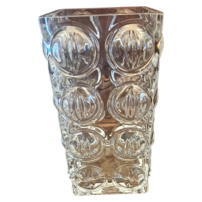 Vase transparent carré avec bulles géométrique lourd vintage en cristal des années 1970