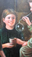 Tableau huile sur panneau de bois encadré scène groupe de 3 enfants qui font des bulles