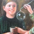 Tableau huile sur panneau de bois encadré scène groupe de 3 enfants qui font des bulles