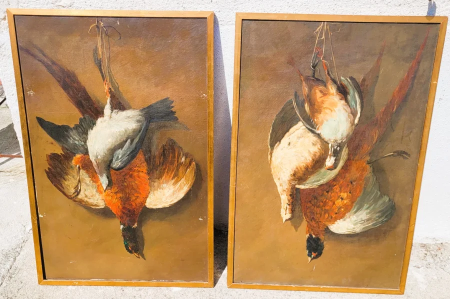 Paire de Nature morte aux faisans huile sur toile à restaurer fin XIXème