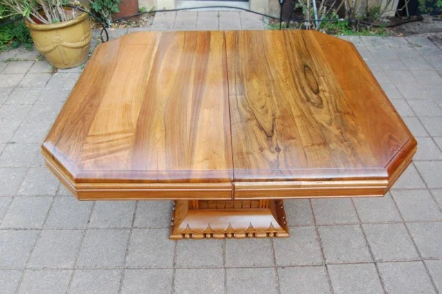Art Deco walnut dining table with extensions, seats 14