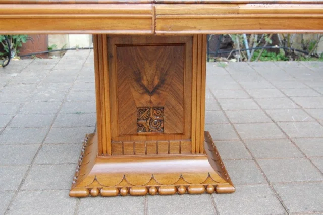 Art Deco walnut dining table with extensions, seats 14