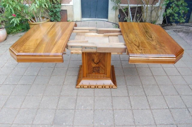 Art Deco walnut dining table with extensions, seats 14